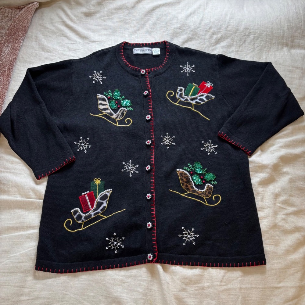 Victoria Jones Woman Christmas Cardigan Sleigh Animal Print Sequin Black 1X